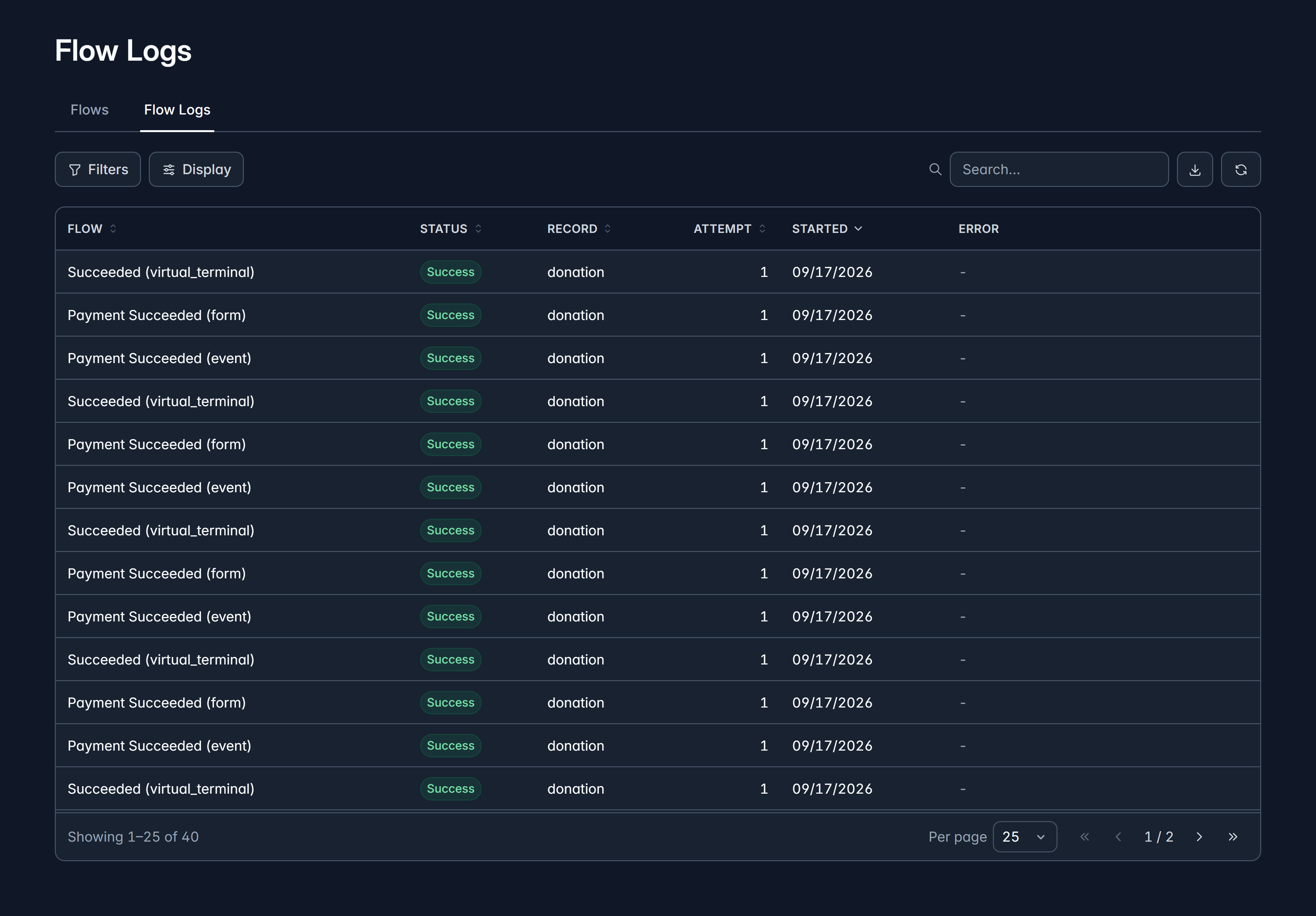 Flow Logs listing each run with its flow, status, record, attempt and start time