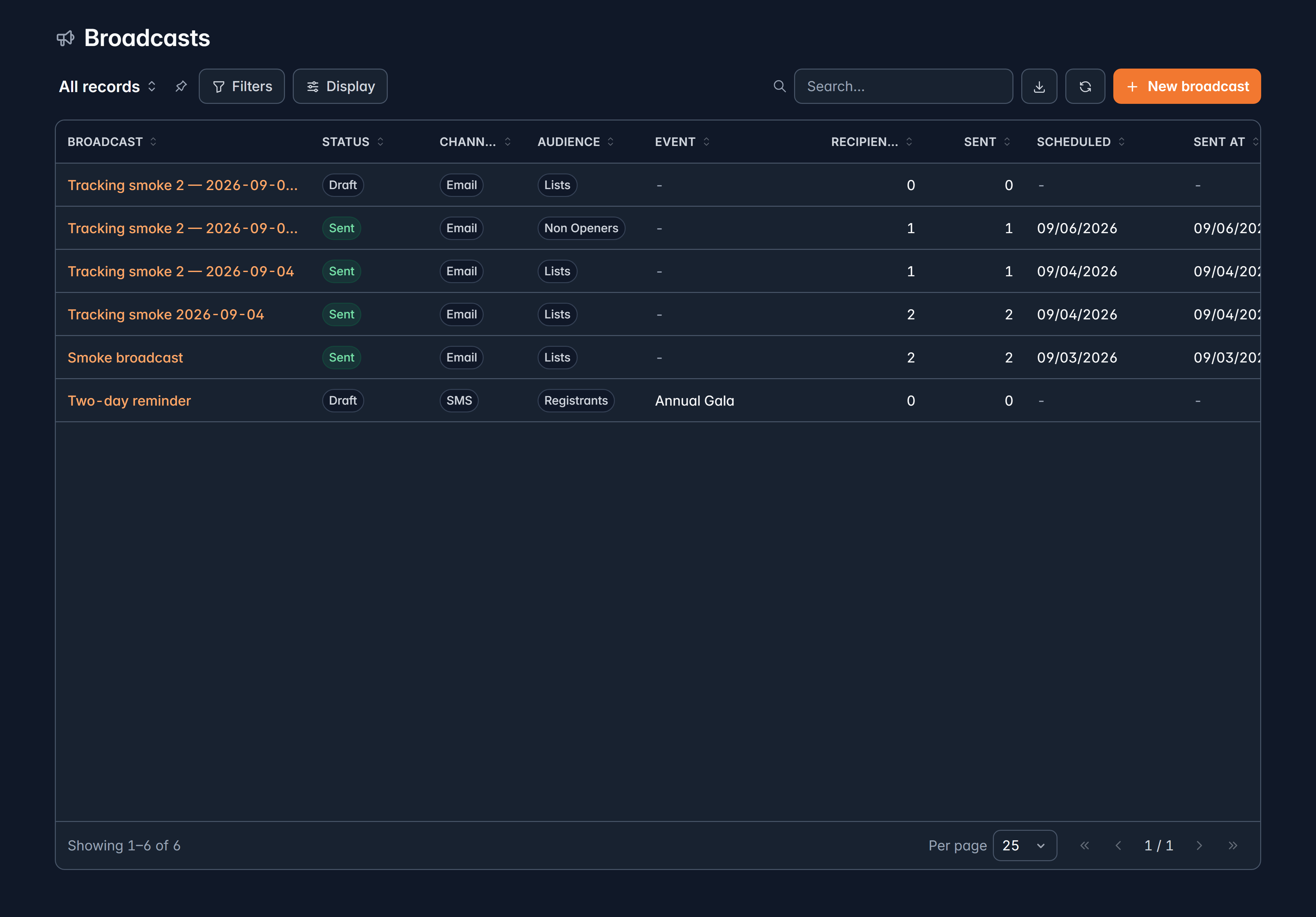 The Broadcasts list with each send, its status, channel, audience and recipient count