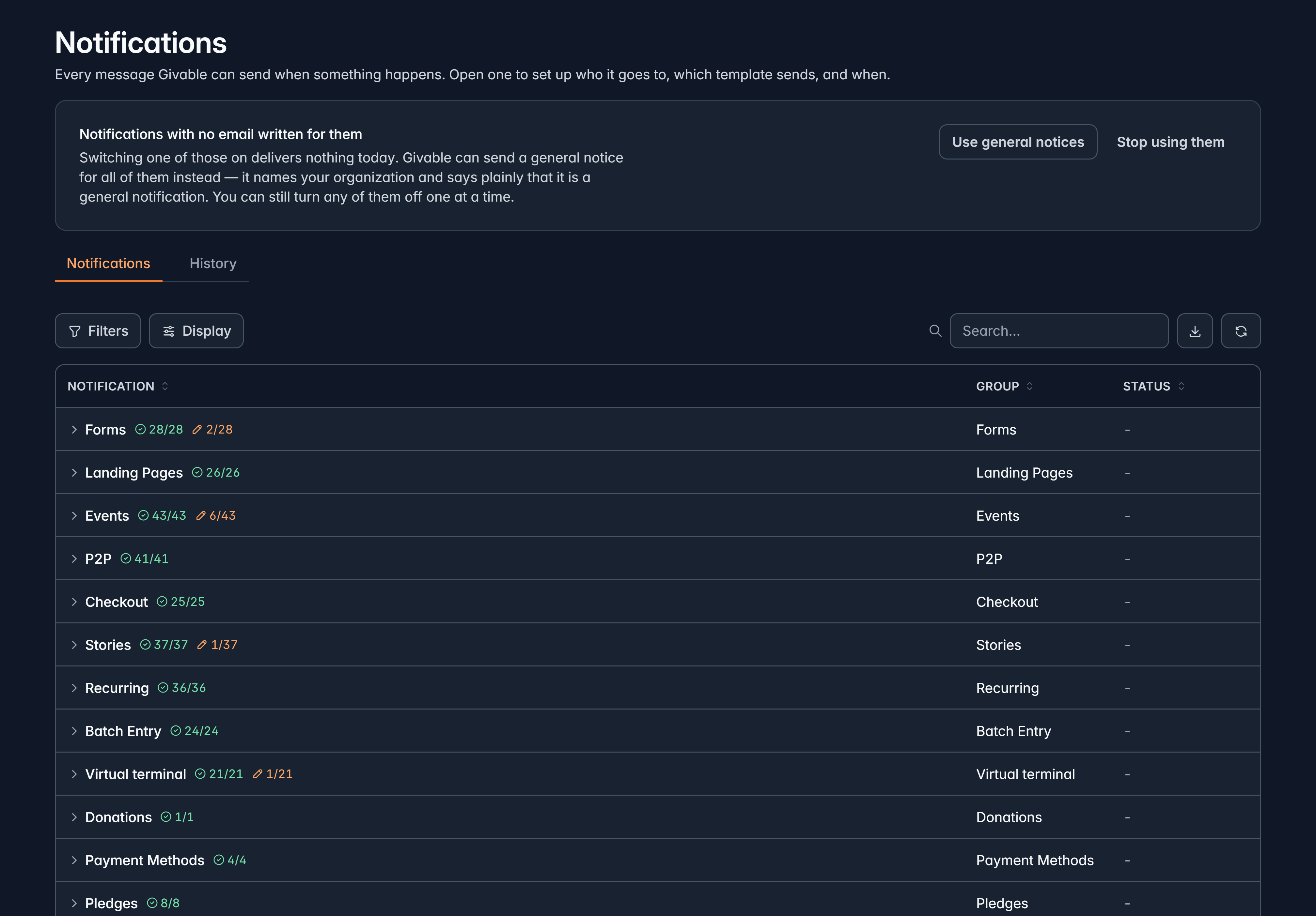 The Notifications list grouped by where each message is triggered, with status and availability