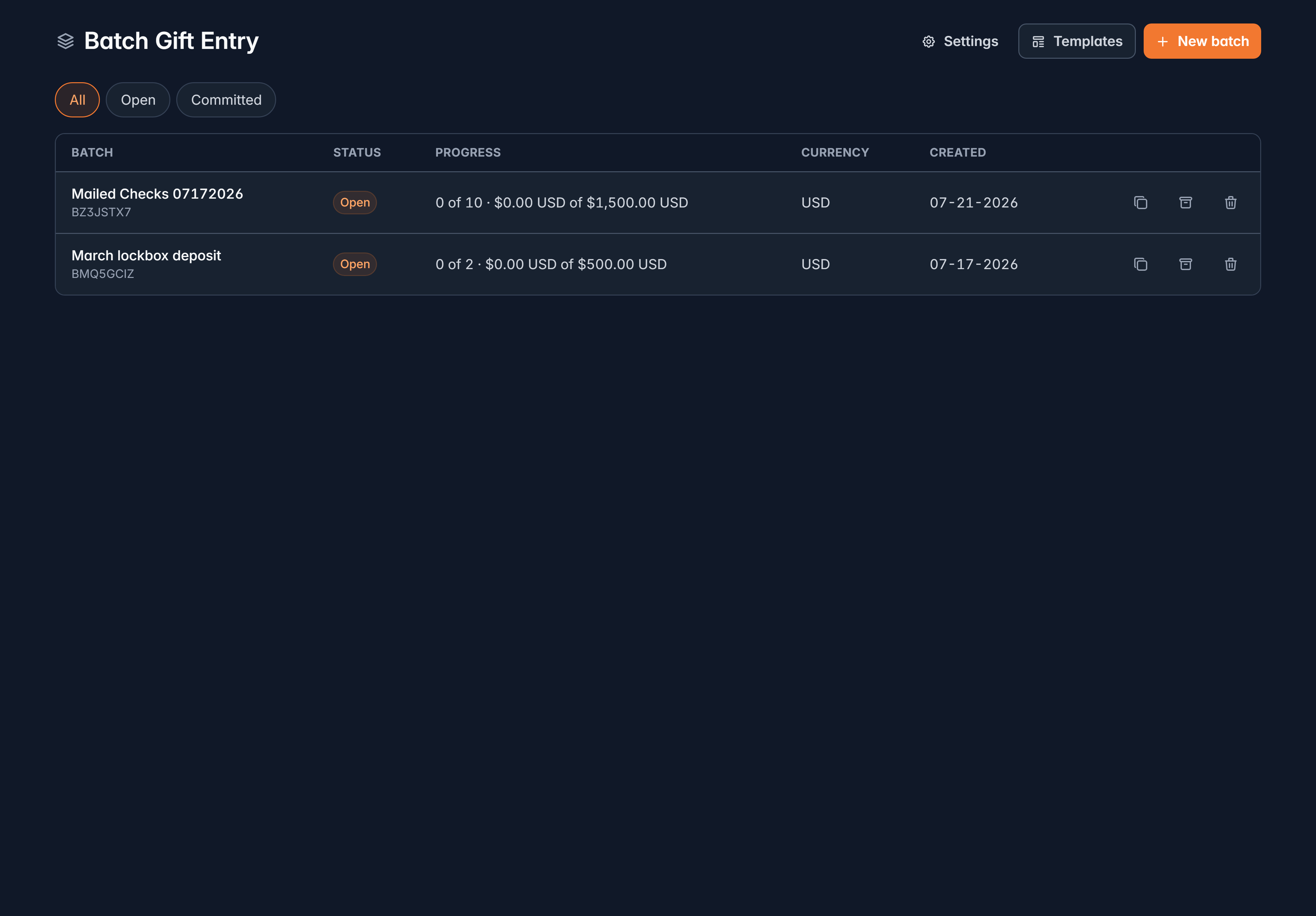 The Batch Gift Entry page listing batches with their status, progress, currency and created date