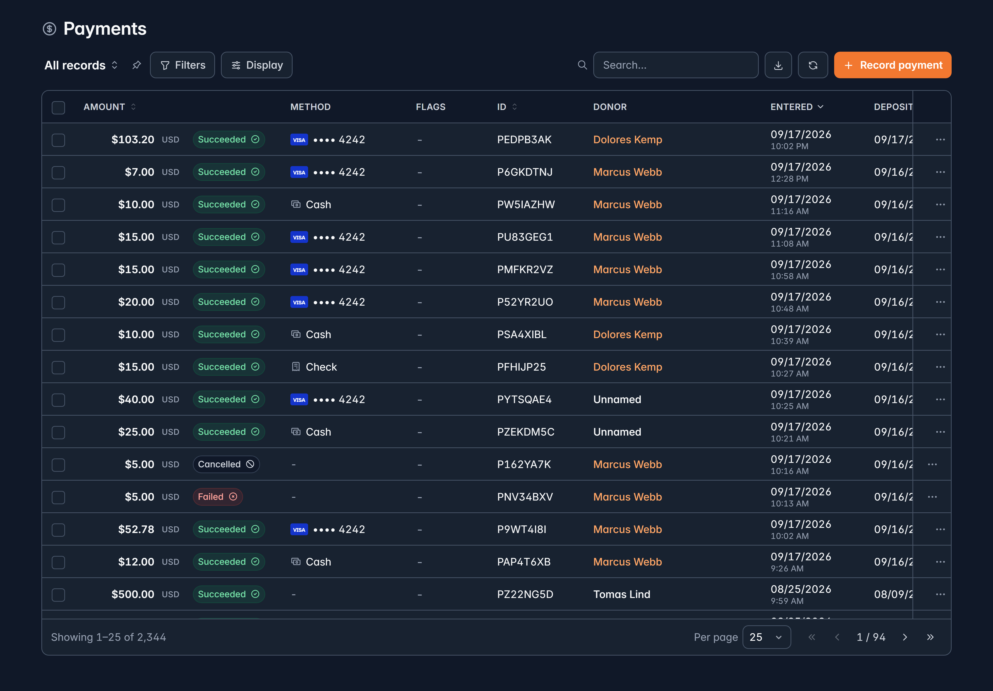 The Payments list showing amounts, methods, donors and when each was entered and deposited