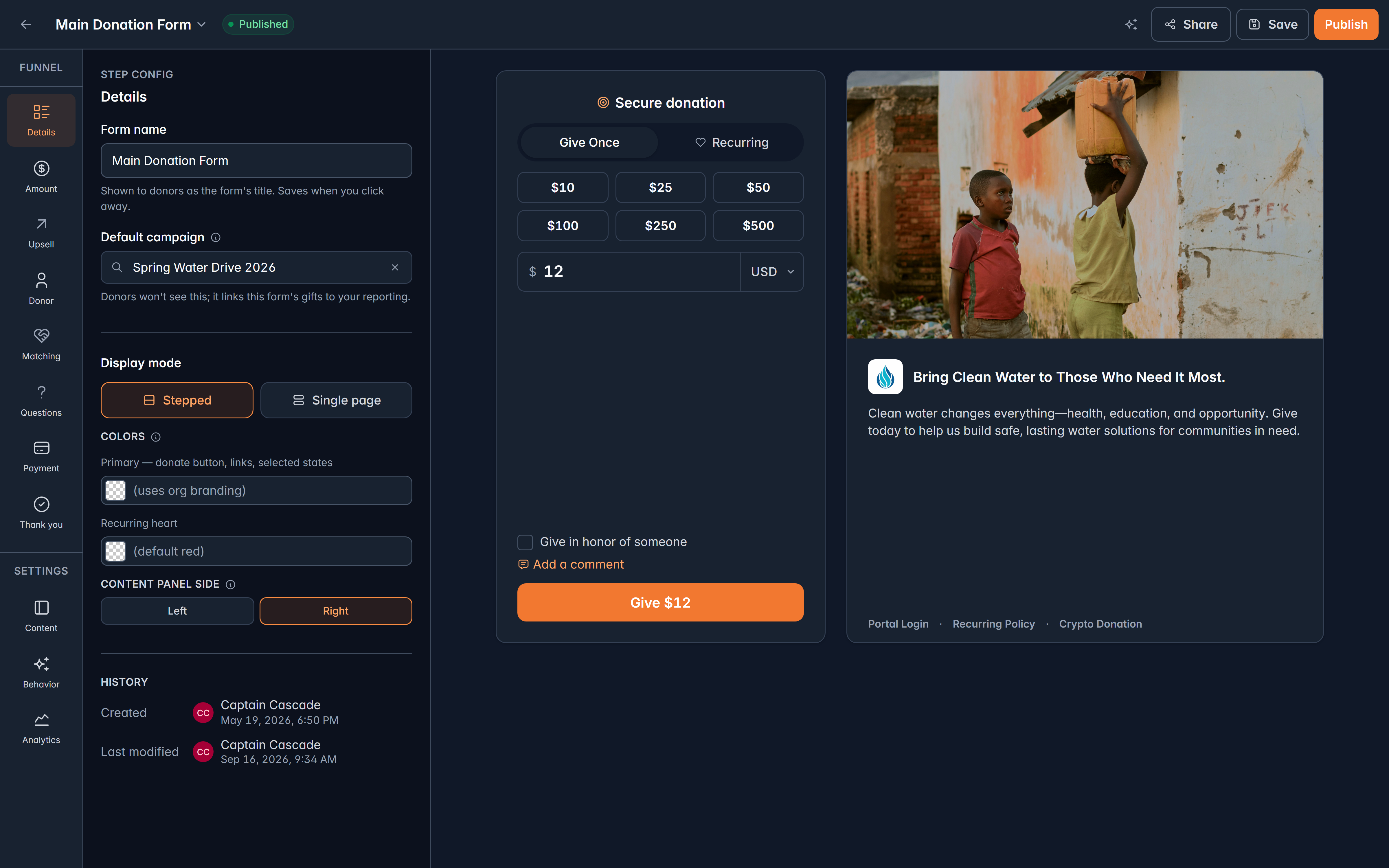 The form builder: the step rail on the left, the selected step's settings in the middle, and a live preview of the donor's view on the right