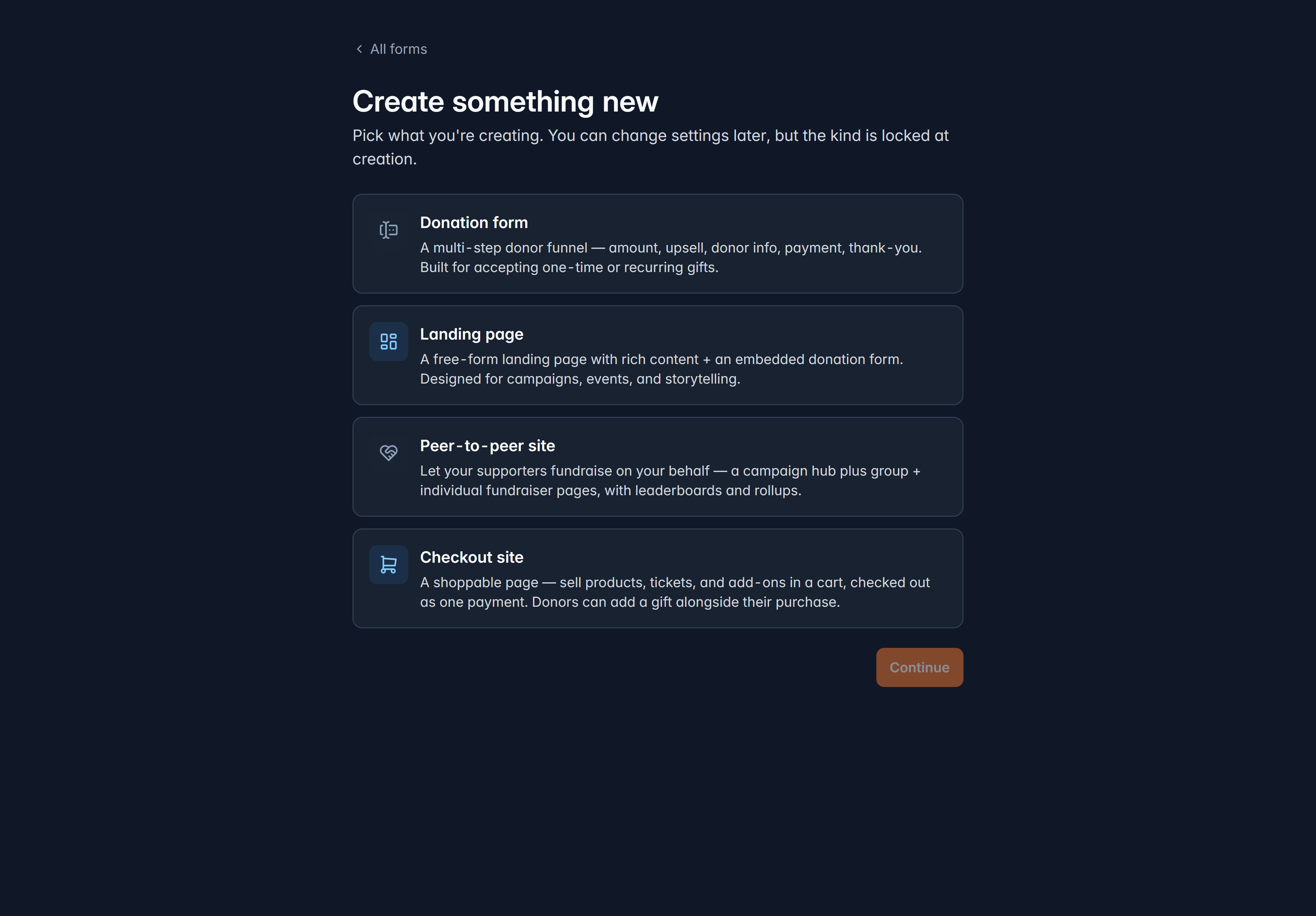 The create wizard showing the choice between a donation form, landing page, peer-to-peer site and checkout site