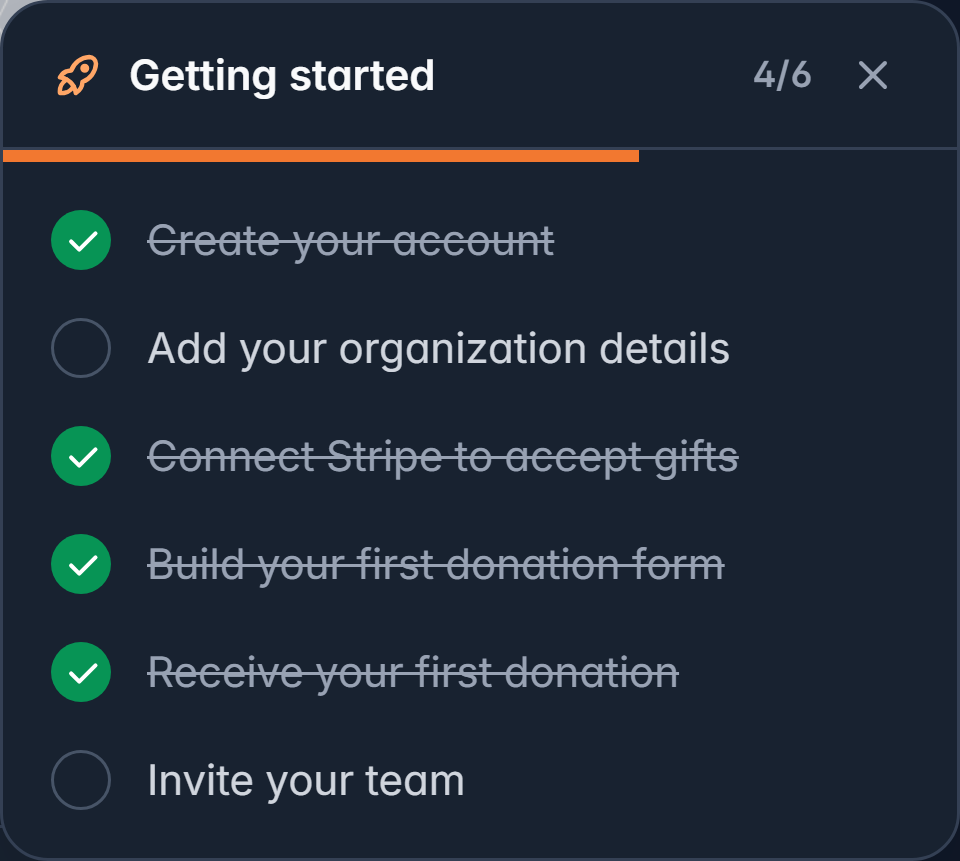 The Getting started panel showing six steps, with completed ones struck through and a progress bar
