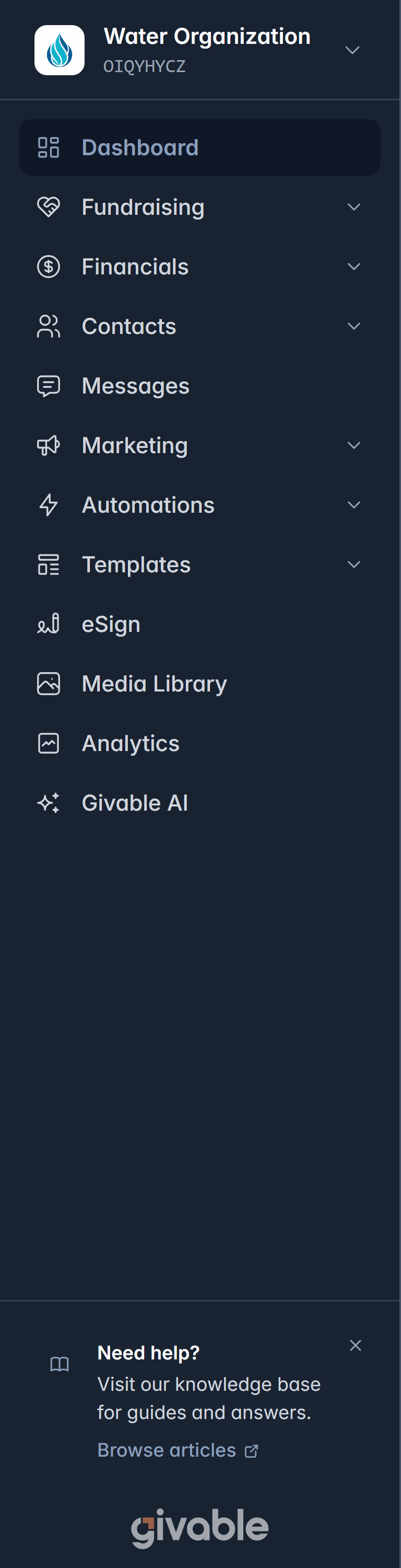 The Givable sidebar listing Dashboard, Fundraising, Financials, Contacts, Messages, Marketing, Automations and Templates