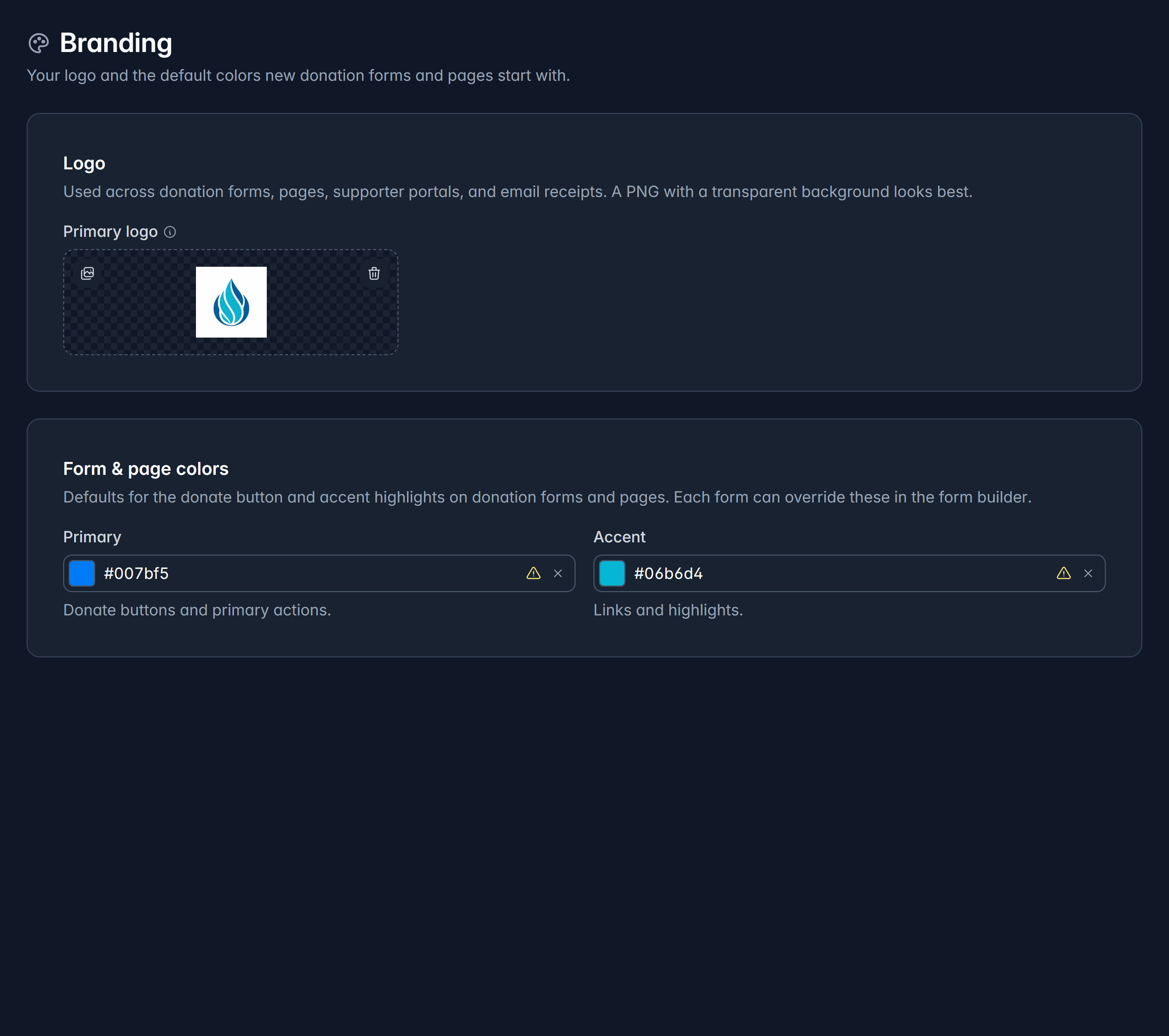 The Branding settings page, with a logo uploader and primary and accent color pickers