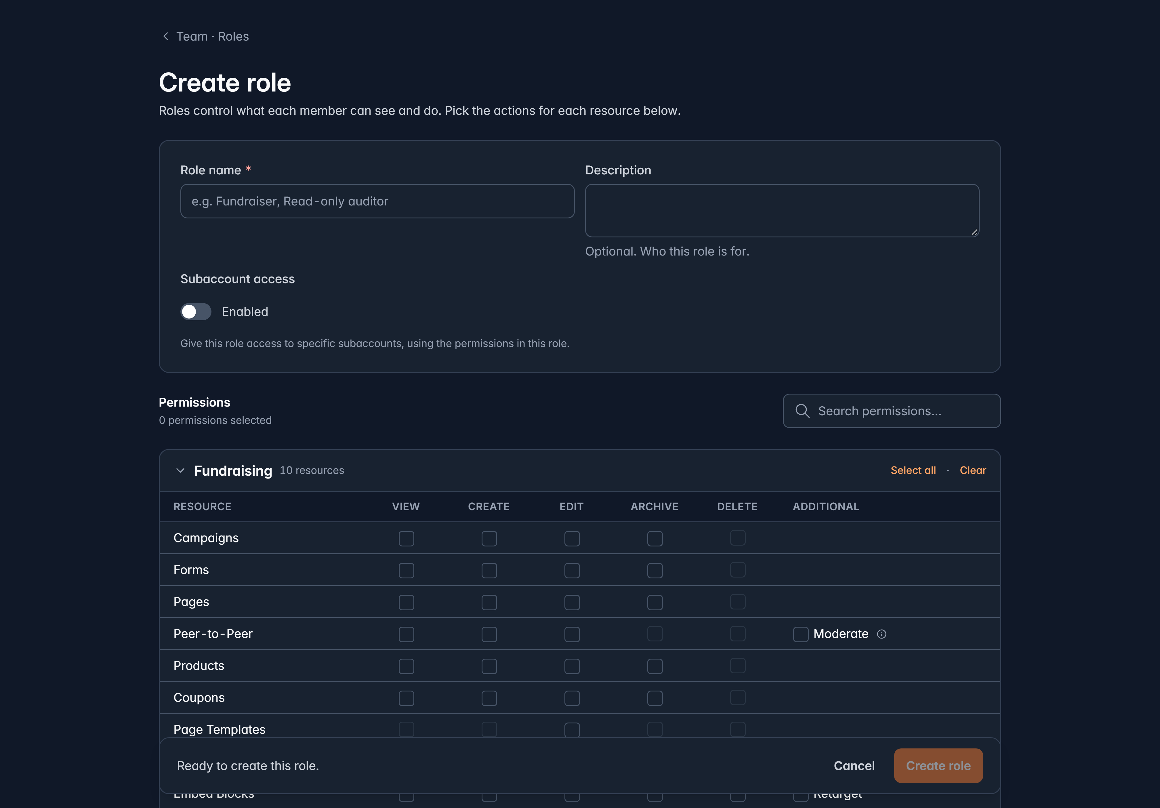 The Create role page: a role name and description, a subaccount access toggle, and a permissions grid with view, create, edit, archive and delete columns