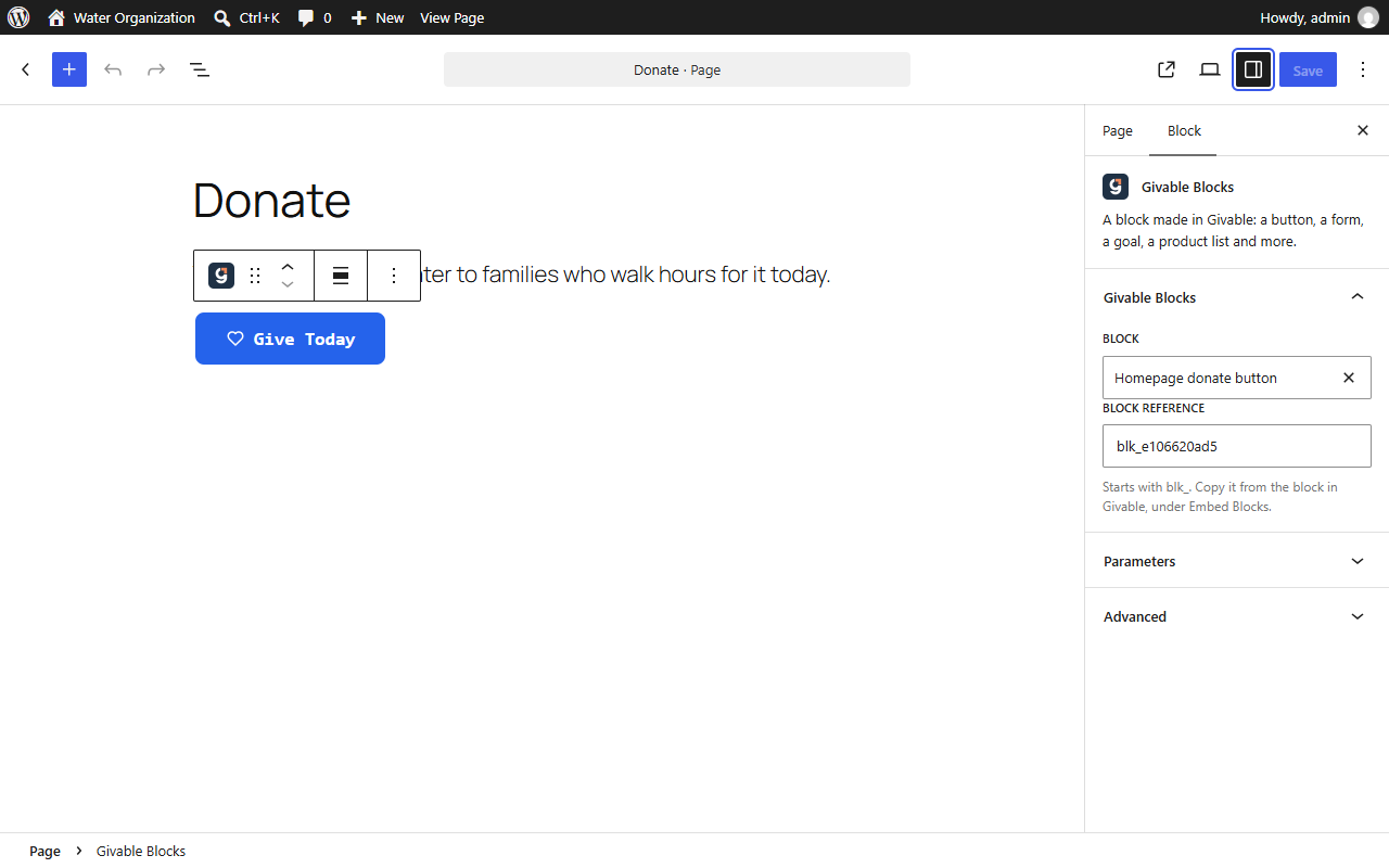The block editor with Givable Blocks selected and a donate button chosen in the Block list
