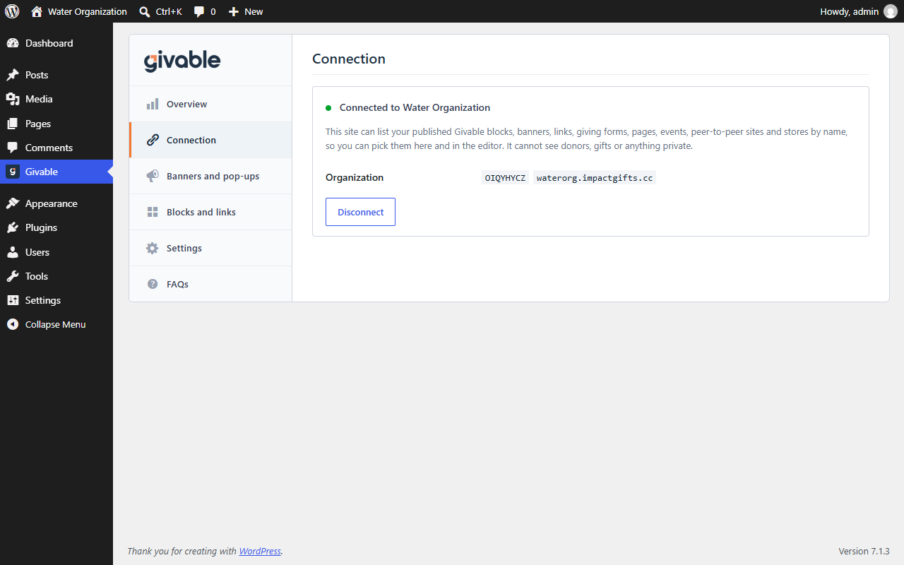 The Connection tab of the Givable page in WordPress, showing the site connected to Water Organization