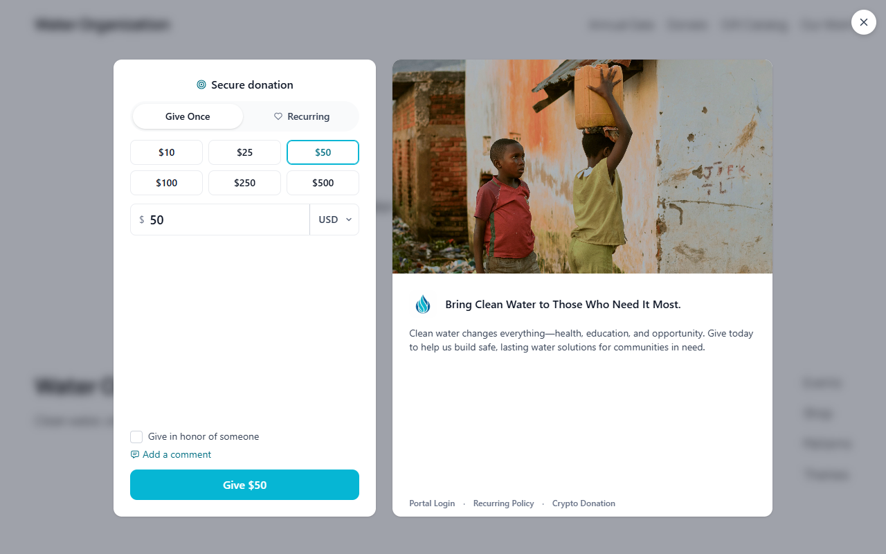 A giving form opened over a WordPress page from a donate button